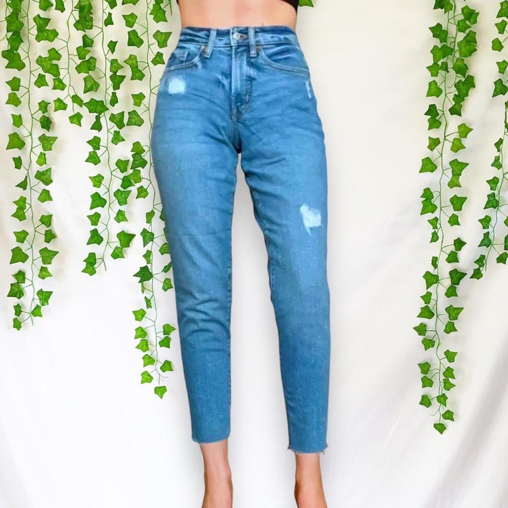 High waisted distressed mom jeans